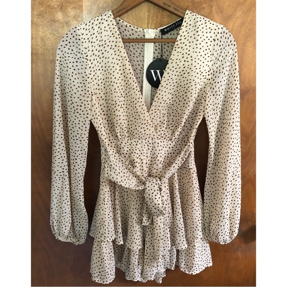 White Fox Brown Polka Dot Romper Playsuit Jumpsuit Tiered Puff Sleeve Boho NWT - Picture 2 of 15